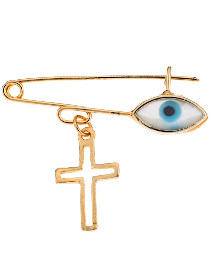 Παραμάνα SENZA κίτρινο επιχρυσωμένο ασήμι 925 με σταυρό και λευκό ματάκι - SSR2299GF2