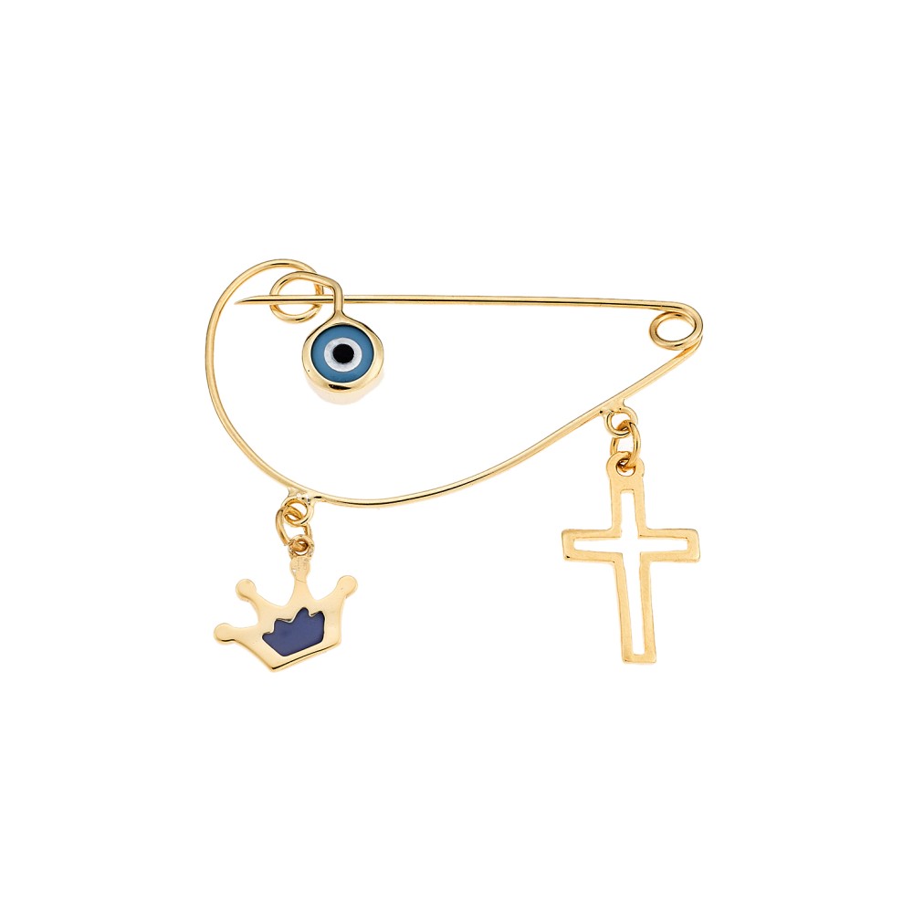 Παραμάνα SENZA κίτρινο επιχρυσωμένο ασήμι 925, ματάκι, σταυρός και κορώνα με μπλε σμάλτο - SSR2300GB
