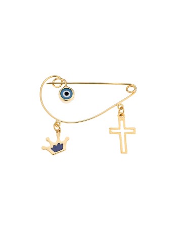 Παραμάνα SENZA κίτρινο επιχρυσωμένο ασήμι 925, ματάκι, σταυρός και κορώνα με μπλε σμάλτο - SSR2300GB