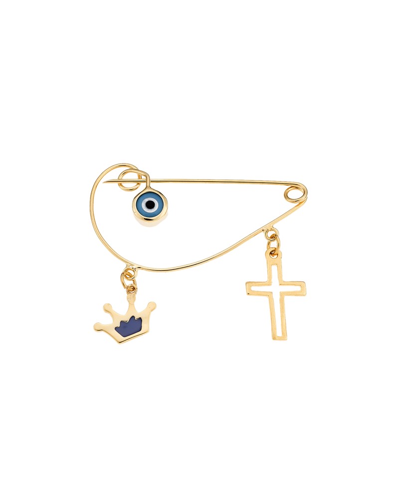Παραμάνα SENZA κίτρινο επιχρυσωμένο ασήμι 925, ματάκι, σταυρός και κορώνα με μπλε σμάλτο - SSR2300GB