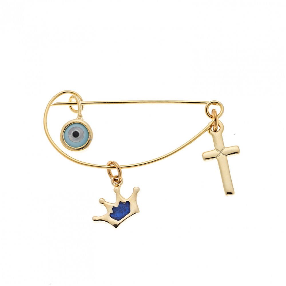 Παραμάνα SENZA κίτρινο επιχρυσωμένο ασήμι 925, ματάκι, σταυρός και κορώνα με μπλε σμάλτο - SSR2300GCB