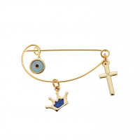 Παραμάνα SENZA κίτρινο επιχρυσωμένο ασήμι 925, γαλάζιο ματάκι, σταυρός και κορώνα με μπλε σμάλτο - SSR2300GCB