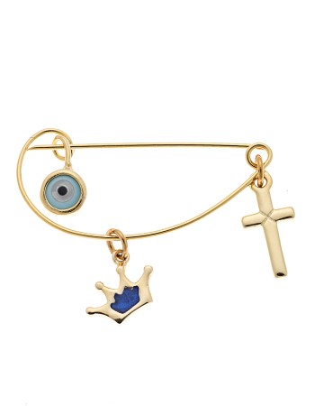 Παραμάνα SENZA κίτρινο επιχρυσωμένο ασήμι 925, γαλάζιο ματάκι, σταυρός και κορώνα με μπλε σμάλτο - SSR2300GCB
