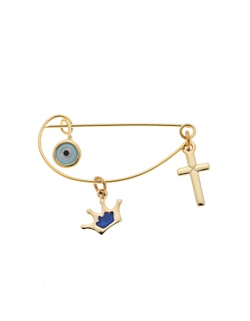 Παραμάνα SENZA κίτρινο επιχρυσωμένο ασήμι 925, γαλάζιο ματάκι, σταυρός και κορώνα με μπλε σμάλτο - SSR2300GCB