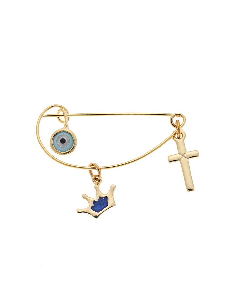 Παραμάνα SENZA κίτρινο επιχρυσωμένο ασήμι 925, ματάκι, σταυρός και κορώνα με μπλε σμάλτο - SSR2300GCB