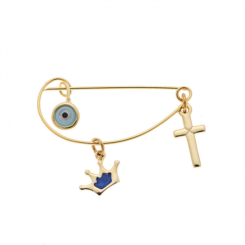 Παραμάνα SENZA κίτρινο επιχρυσωμένο ασήμι 925, ματάκι, σταυρός και κορώνα με μπλε σμάλτο - SSR2300GCB