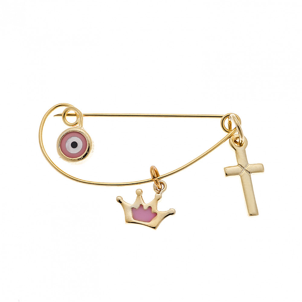 Παραμάνα SENZA κίτρινο επιχρυσωμένο ασήμι 925, ματάκι, σταυρός και κορώνα με ροζ σμάλτο - SSR2300GCG