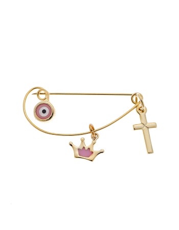 Παραμάνα SENZA κίτρινο επιχρυσωμένο ασήμι 925, ματάκι, σταυρός και κορώνα με ροζ σμάλτο - SSR2300GCG