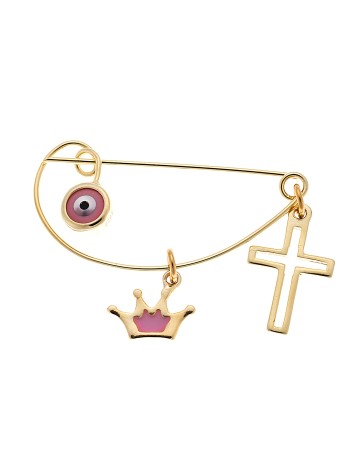 Παραμάνα SENZA κίτρινο επιχρυσωμένο ασήμι 925, ματάκι, σταυρός και κορώνα με ροζ σμάλτο - SSR2300GG