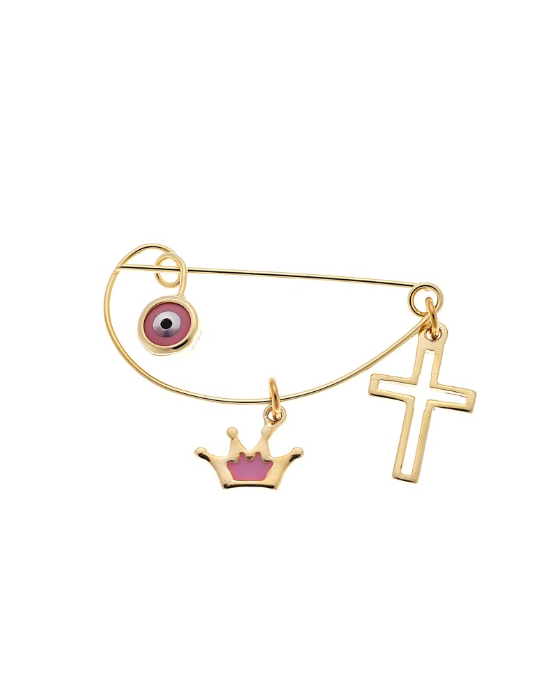 Παραμάνα SENZA κίτρινο επιχρυσωμένο ασήμι 925, ματάκι, σταυρός και κορώνα με ροζ σμάλτο - SSR2300GG