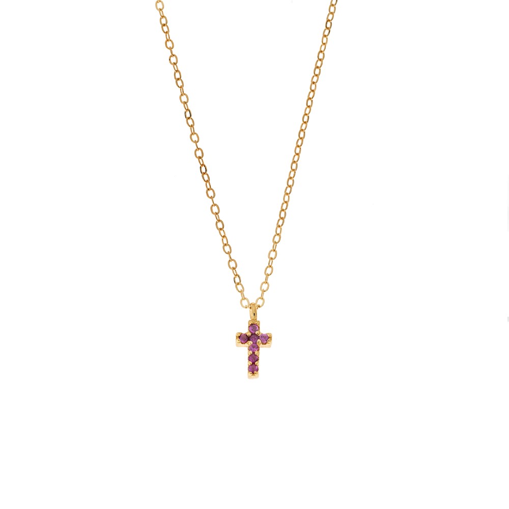 Μενταγιόν Senza Silver 925, επιχρυσωμένο σταυρουδάκι με φούξια ζιργκόν - SSR2479GF