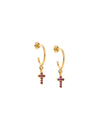 Σκουλαρίκια Κρίκοι Senza επιχρυσωμένο ασήμι 925, σταυρουδάκι με φούξια ζιργκόν - SSR2479GFKR