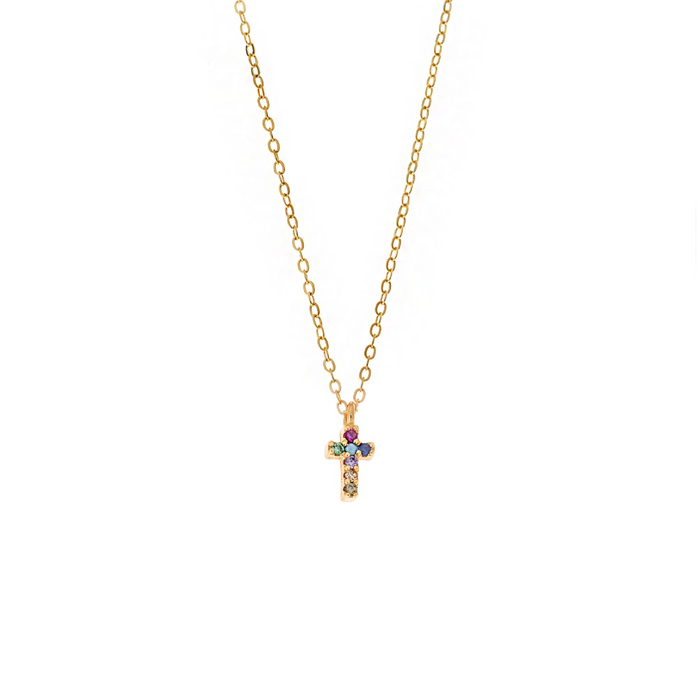 Μενταγιόν Senza Silver 925, επιχρυσωμένο σταυρουδάκι με πολύχρωμα ζιργκόν - SSR2479GMU