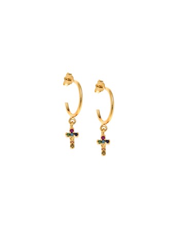 Σκουλαρίκια Κρίκοι Senza επιχρυσωμένο ασήμι 925, σταυρουδάκι με πολύχρωμα ζιργκόν - SSR2479GMUKR