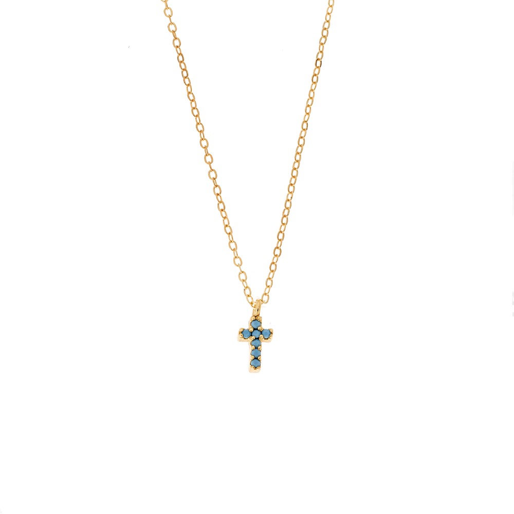 Μενταγιόν Senza Silver 925, επιχρυσωμένο σταυρουδάκι με τυρκουάζ ζιργκόν - SSR2479GT