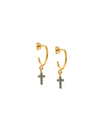 Σκουλαρίκια Κρίκοι Senza επιχρυσωμένο ασήμι 925, σταυρουδάκι με τυρκουάζ ζιργκόν - SSR2479GTKR