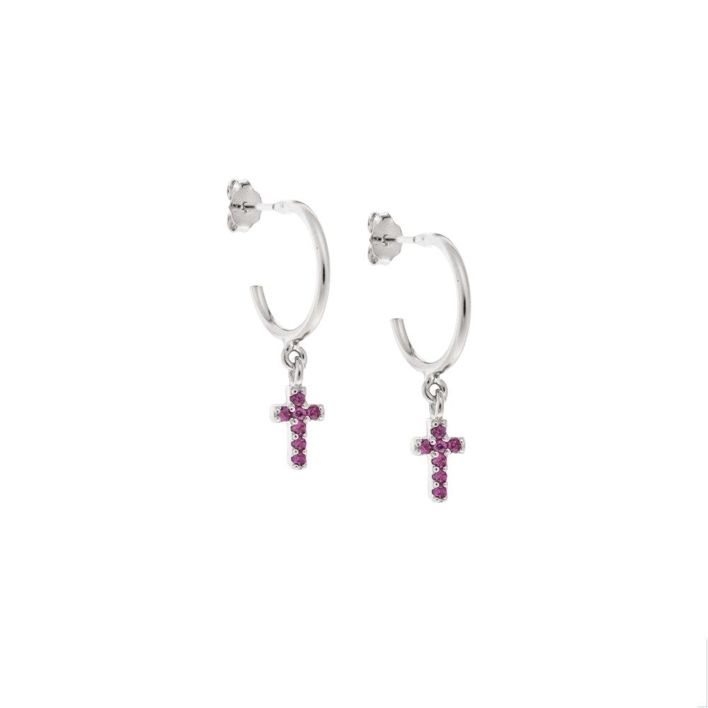 Σκουλαρίκια Κρίκοι Senza ασήμι 925, σταυρουδάκι με φούξια ζιργκόν - SSR2479SFKR