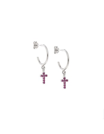 Σκουλαρίκια Κρίκοι Senza ασήμι 925, σταυρουδάκι με φούξια ζιργκόν - SSR2479SFKR