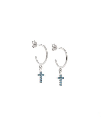 Σκουλαρίκια Κρίκοι Senza ασήμι 925, σταυρουδάκι με τυρκουάζ ζιργκόν - SSR2479STKR