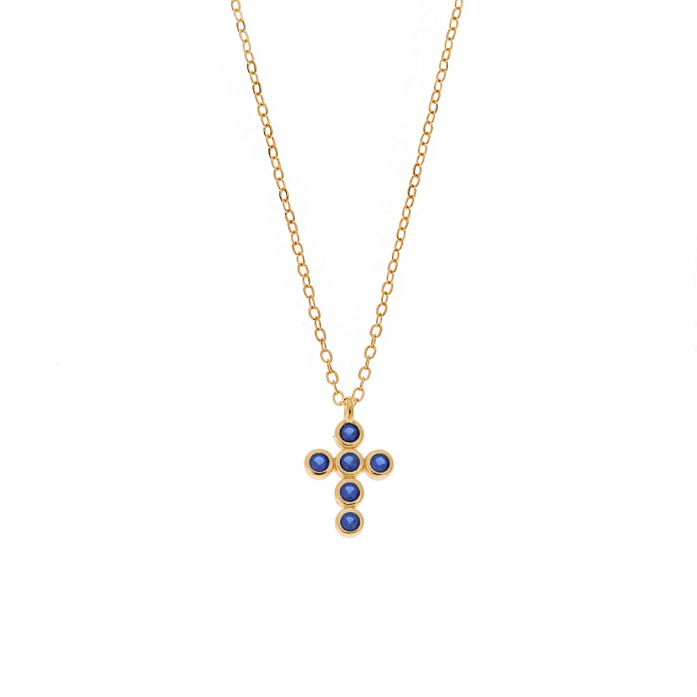 Μενταγιόν Senza Silver 925, επιχρυσωμένο σταυρουδάκι με μπλε ζιργκόν - SSR2480GBL