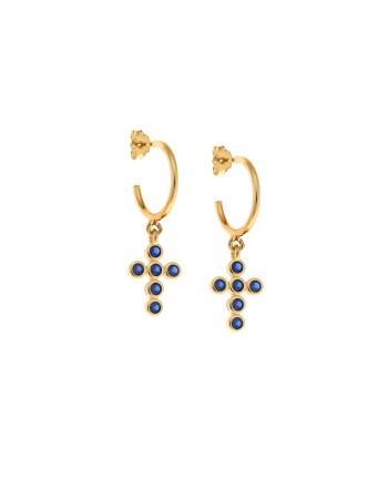 Σκουλαρίκια Κρίκοι Senza επιχρυσωμένο ασήμι 925, σταυρουδάκι με μπλε ζιργκόν - SSR2480GBLKR