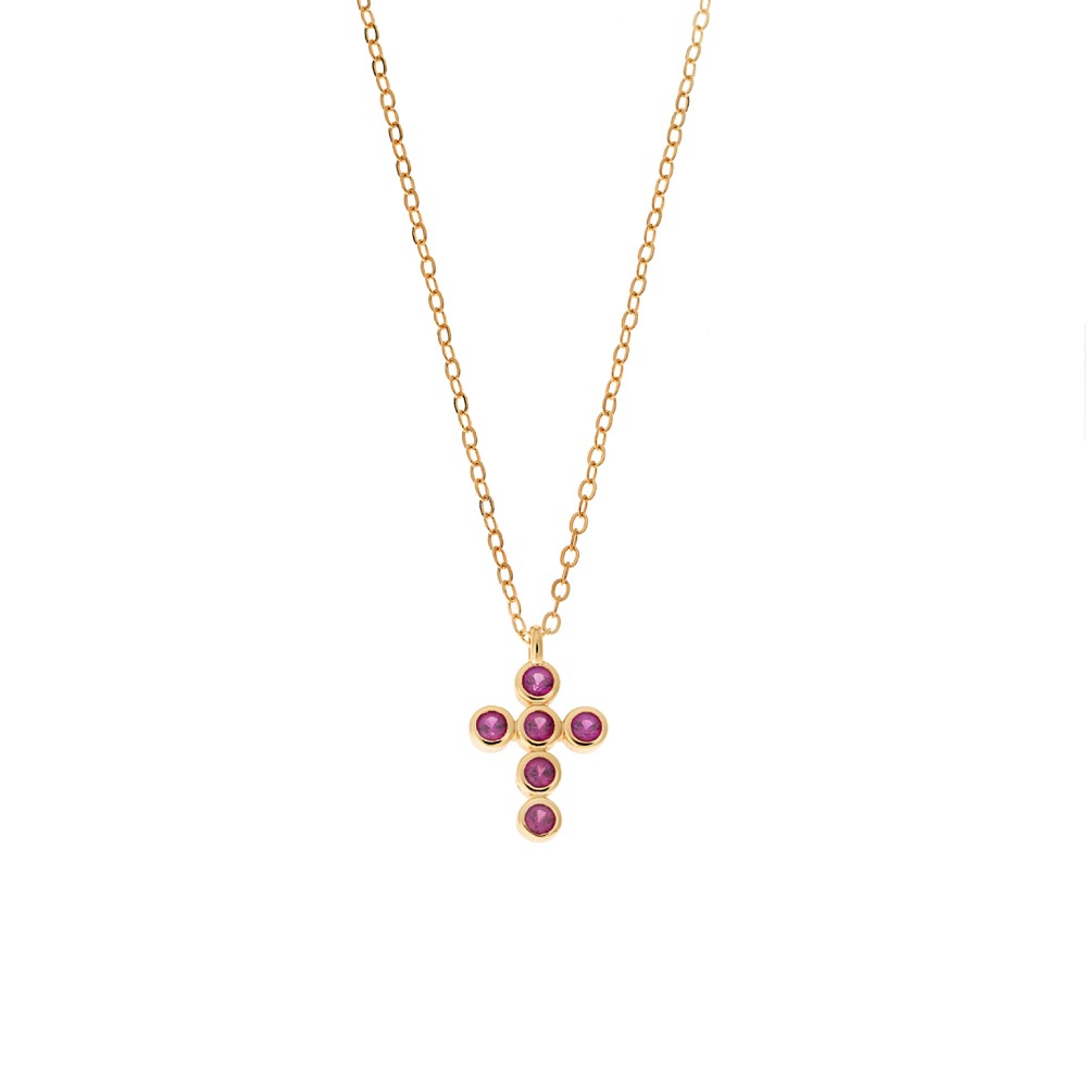 Μενταγιόν Senza Silver 925, επιχρυσωμένο σταυρουδάκι με φούξια ζιργκόν - SSR2480GF