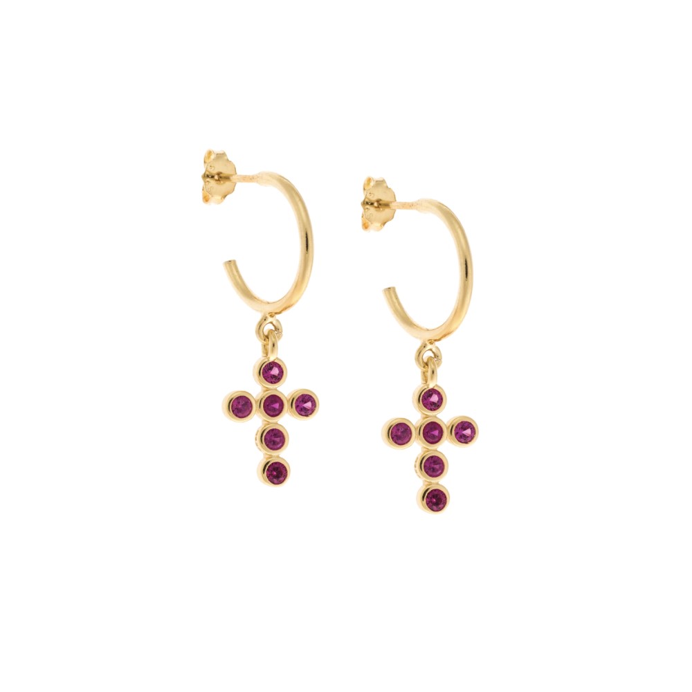 Σκουλαρίκια Κρίκοι Senza επιχρυσωμένο ασήμι 925, σταυρουδάκι με φούξια ζιργκόν - SSR2480GFKR