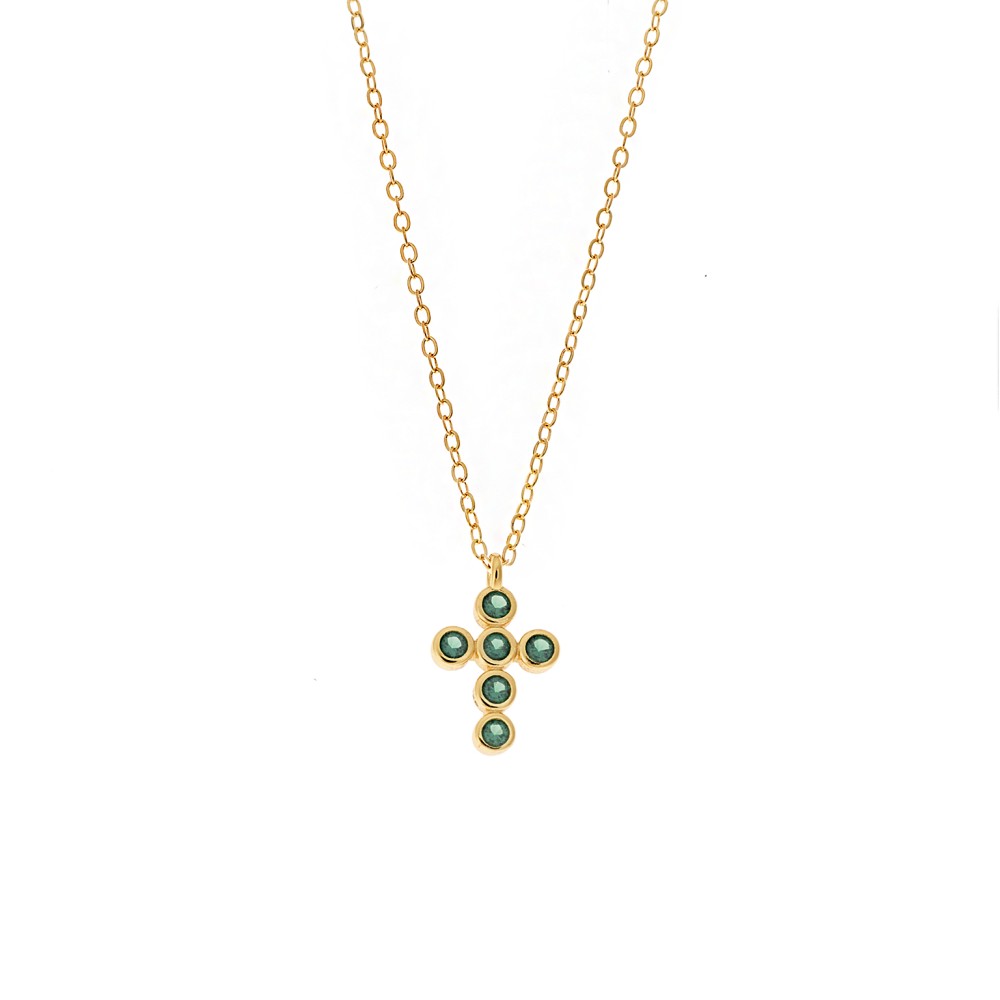 Μενταγιόν Senza Silver 925, επιχρυσωμένο σταυρουδάκι με πράσινα ζιργκόν - SSR2480GGN