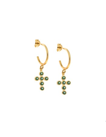 Σκουλαρίκια Κρίκοι Senza επιχρυσωμένο ασήμι 925, σταυρουδάκι με πράσινα ζιργκόν - SSR2480GGNKR