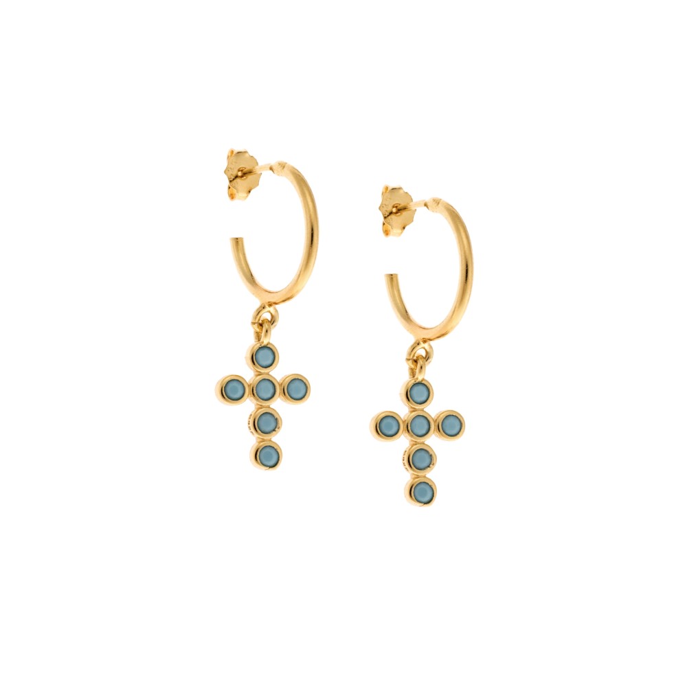 Σκουλαρίκια Κρίκοι Senza επιχρυσωμένο ασήμι 925, σταυρουδάκι με τυρκουάζ ζιργκόν - SSR2480GTKR