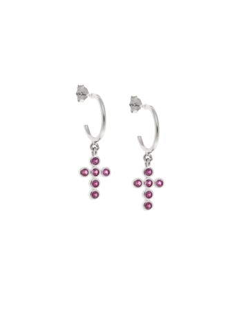Σκουλαρίκια Κρίκοι Senza ασήμι 925, σταυρουδάκι με φούξια ζιργκόν - SSR2480SFKR