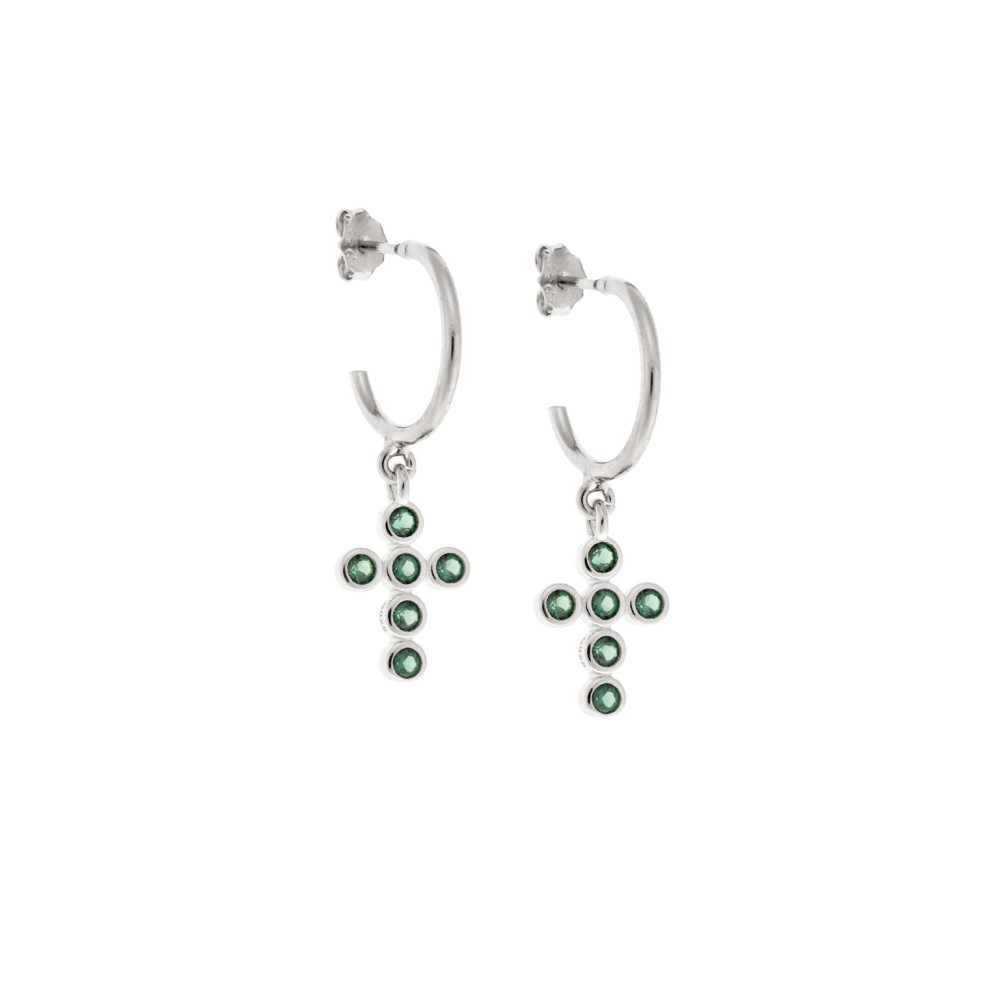 Σκουλαρίκια Κρίκοι Senza ασήμι 925, σταυρουδάκι με πράσινα ζιργκόν - SSR2480SGNKR