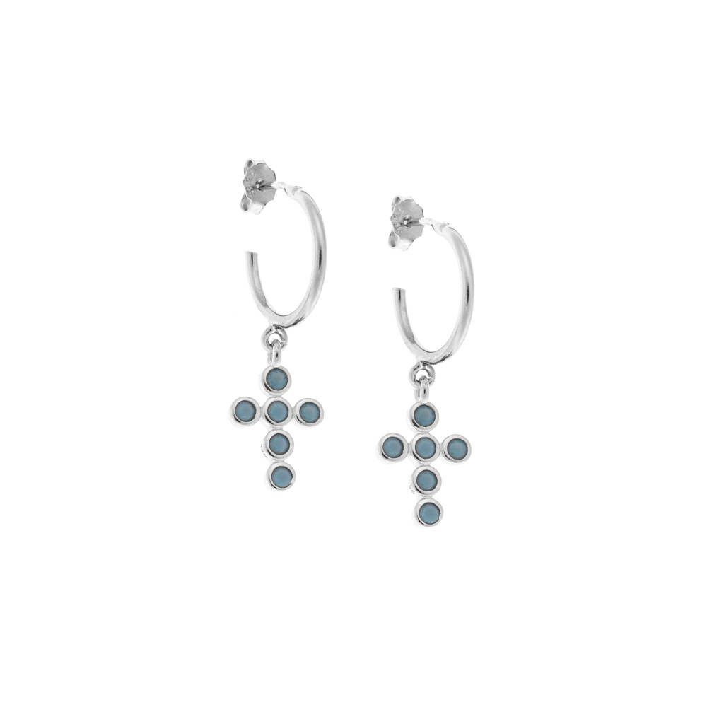 Σκουλαρίκια Κρίκοι Senza ασήμι 925, σταυρουδάκι με τυρκουάζ ζιργκόν - SSR2480STKR