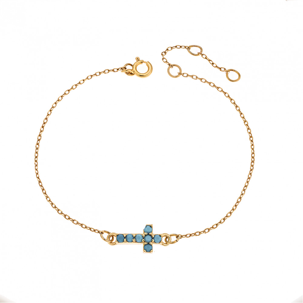 Βραχιόλι Senza Silver 925, επιχρυσωμένος σταυρός με γαλάζιες πέτρες - SSR2808GD