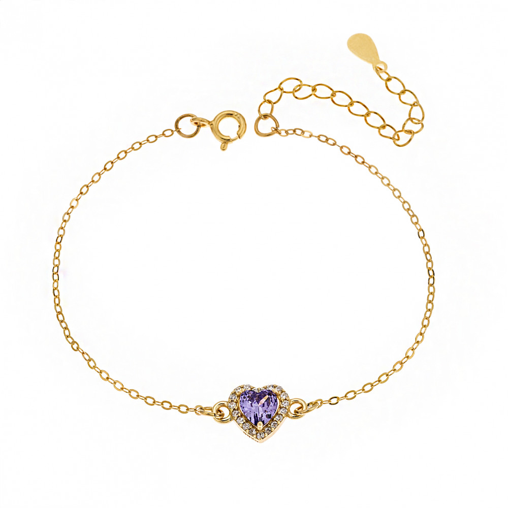 Βραχιόλι Senza Silver 925, επιχρυσωμένη καρδιά με μωβ ζιργκόν - SSR2813-9GD