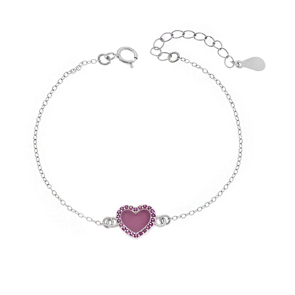 Βραχιόλι Senza Silver 925, καρδιά με σμάλτο και φούξια ζιργκόν