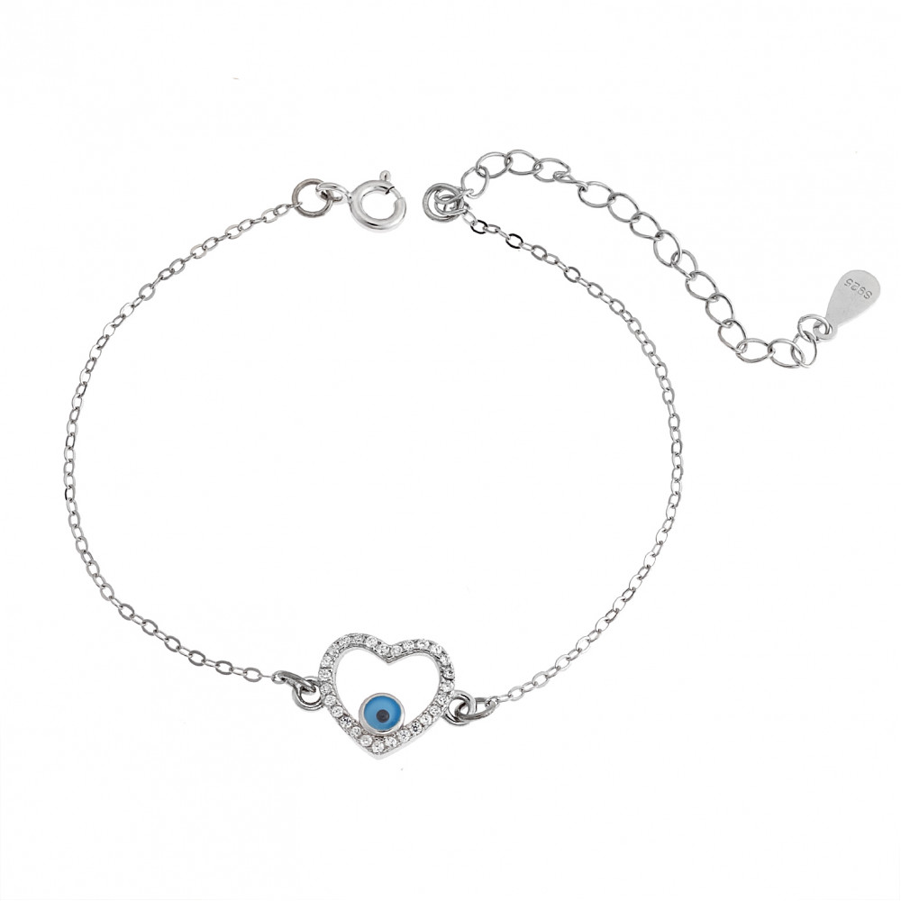 Βραχιόλι Senza Silver 925, επιπλατινωμένη καρδιά-ματάκι με ζιργκόν πέτρες - SSR2828SR