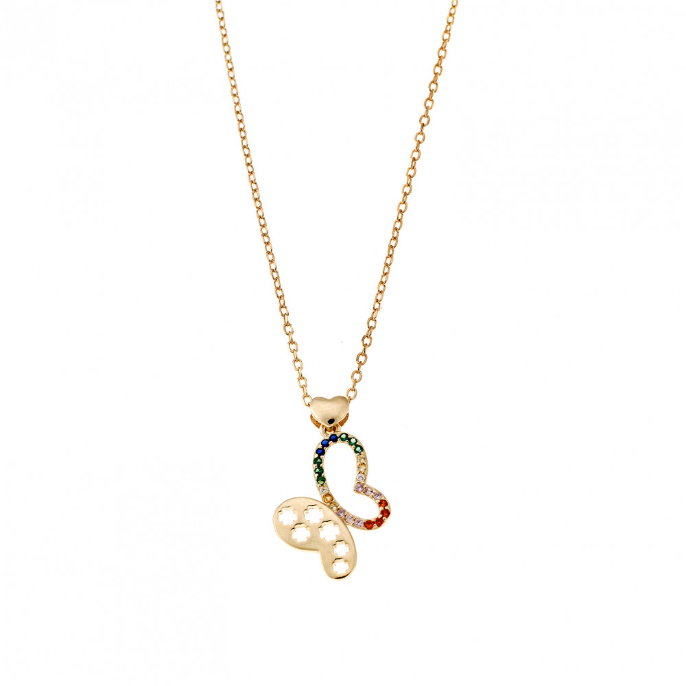 Κολιέ Senza επιχρυσωμένο ασήμι 925, καρδούλα και πεταλούδα με πολύχρωμες πέτρες - SSR2866GD