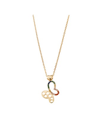 Κολιέ Senza επιχρυσωμένο ασήμι 925, καρδούλα και πεταλούδα με πολύχρωμες πέτρες - SSR2866GD