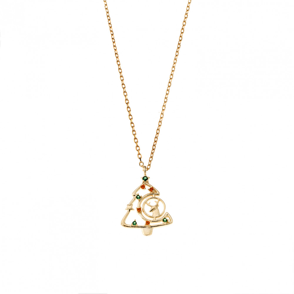 Κολιέ Senza επιχρυσωμένο ασήμι 925, έλατο με ελαφάκι και πολύχρωμες πέτρες - SSR2867GD