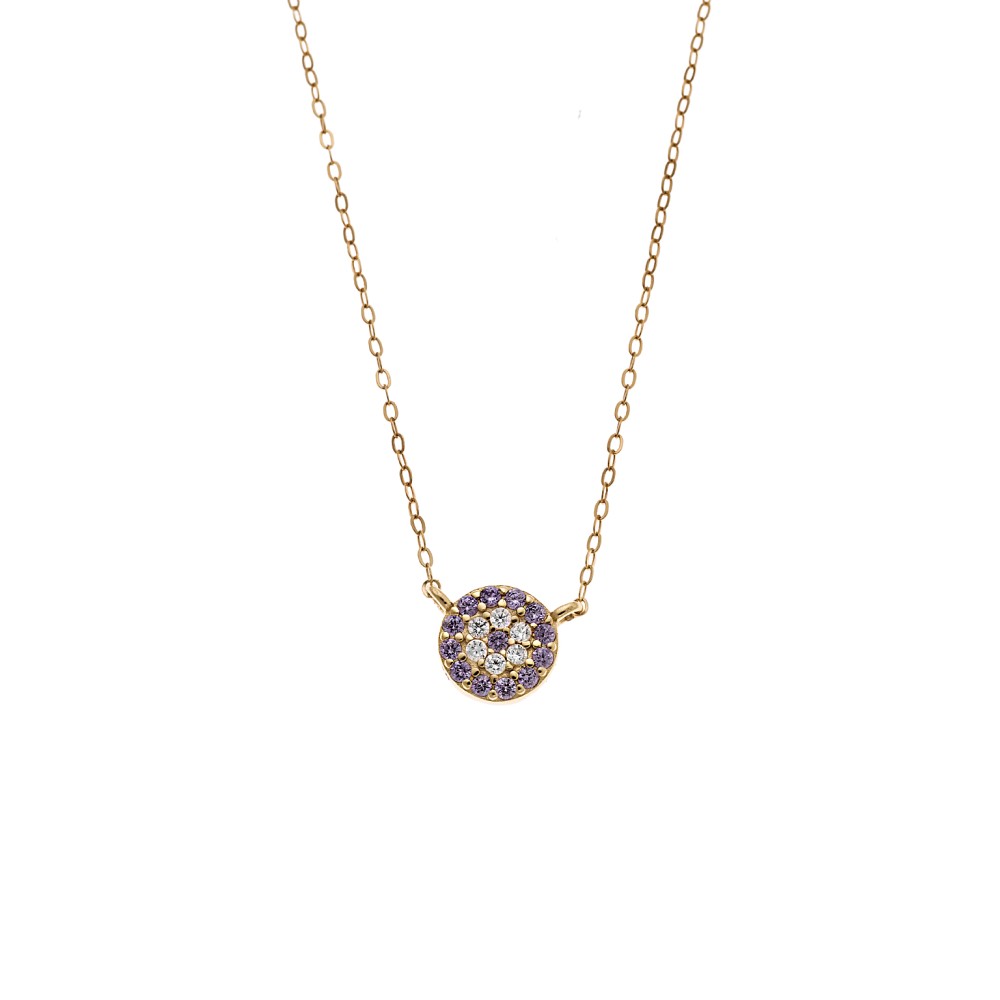 Κολιέ Senza Silver 925 Gold Plated, Στρογγυλό μωβ ματάκι με ζιργκόν - SSR3012-1GPE