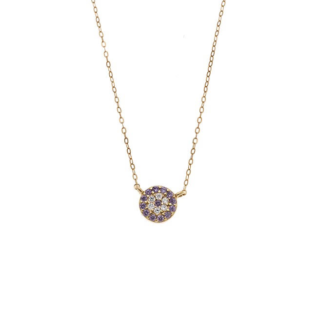 Κολιέ Senza Silver 925 Gold Plated, Στρογγυλό μωβ ματάκι με ζιργκόν - SSR3012-1GPE