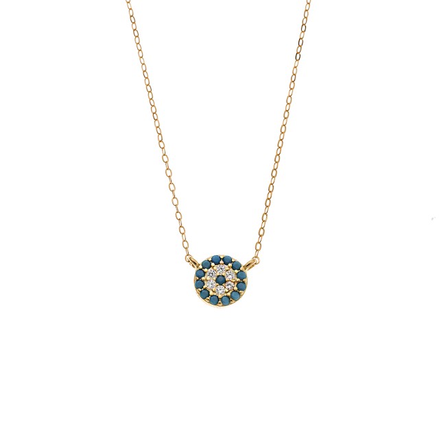 Κολιέ Senza Silver 925 Gold Plated, Στρογγυλό τυρκουάζ ματάκι με ζιργκόν - SSR3012-1GTQ