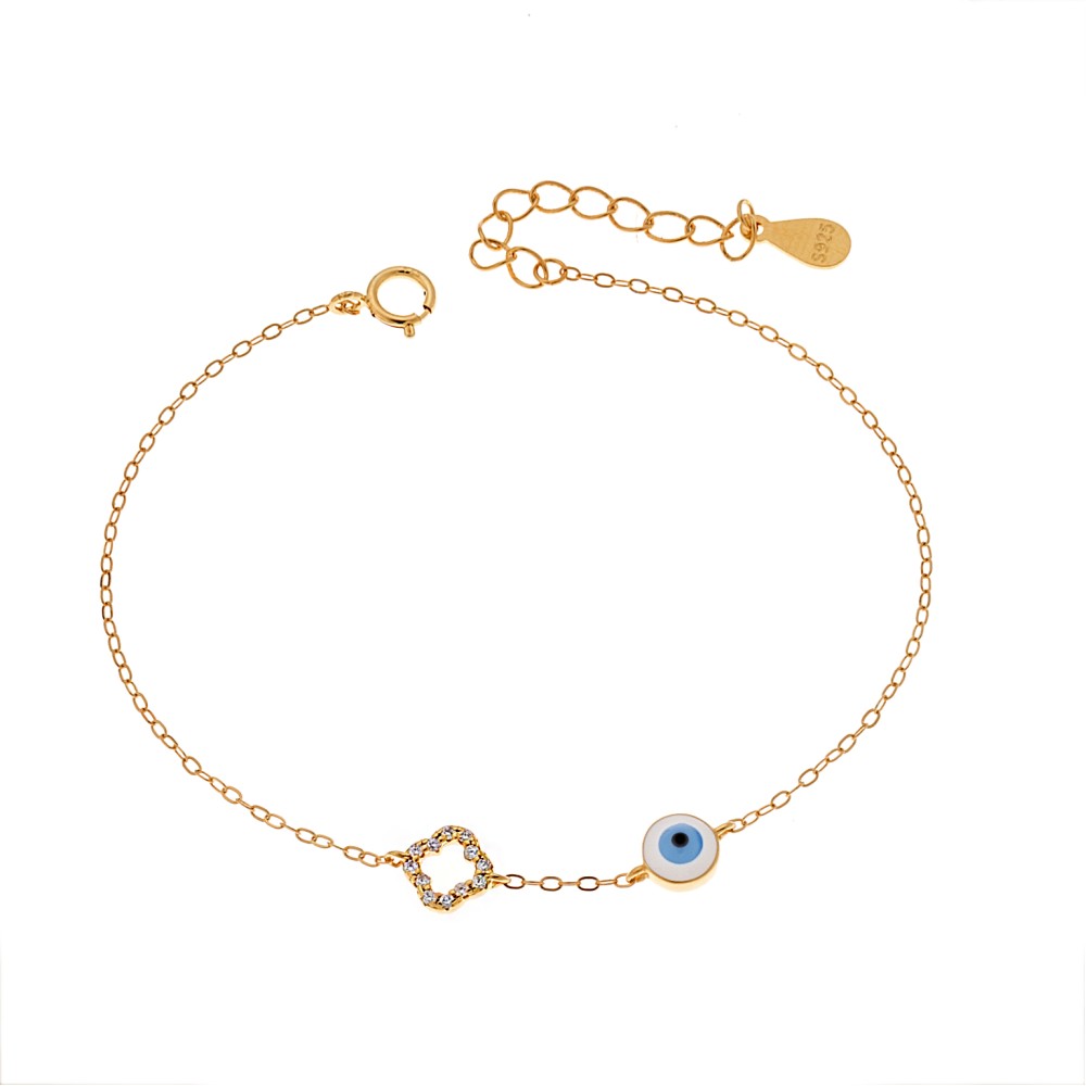 Βραχιόλι Senza Gold Plated Silver 925, Ματάκι λευκό & γαλάζιο με σμάλτο και σταυρό με ζιργκόν - SSR3043GWH