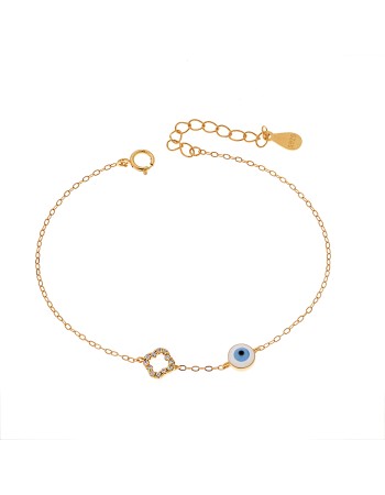 Βραχιόλι Senza Gold Plated Silver 925, Ματάκι λευκό & γαλάζιο με σμάλτο και σταυρό με ζιργκόν - SSR3043GWH