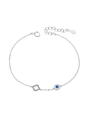 Βραχιόλι Senza Silver 925, Ματάκι λευκό & γαλάζιο με σμάλτο και σταυρό με ζιργκόν - SSR3043SWH