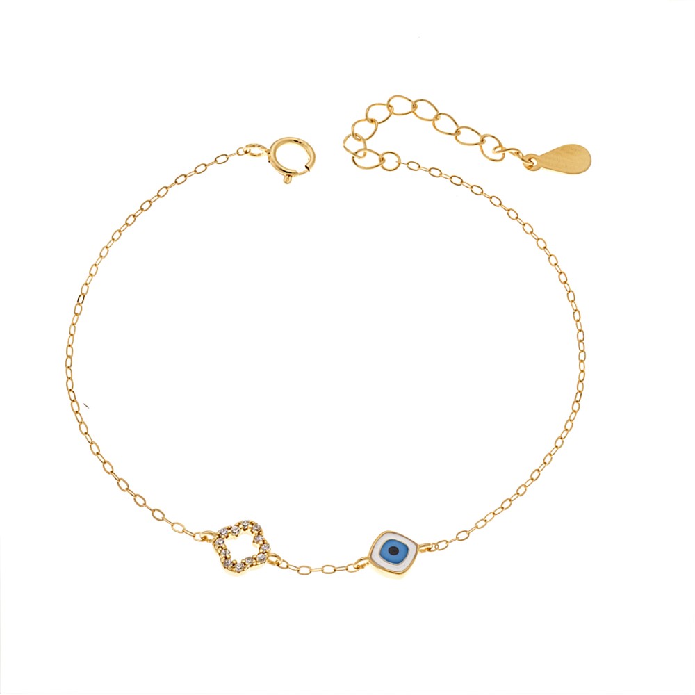 Βραχιόλι Senza Gold Plated Silver 925, Ματάκι λευκό & γαλάζιο με σμάλτο και σταυρό με ζιργκόν - SSR3044GWH