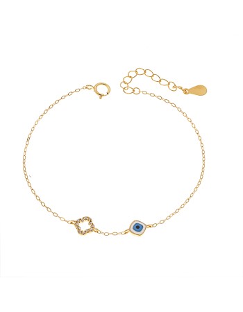 Βραχιόλι Senza Gold Plated Silver 925, Ματάκι λευκό & γαλάζιο με σμάλτο και σταυρό με ζιργκόν - SSR3044GWH