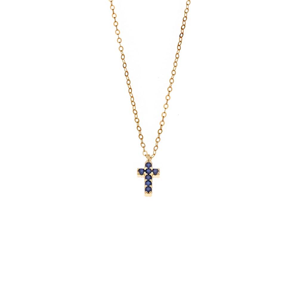 Κολιέ Senza επιχρυσωμένο ασήμι 925, σταυρουδάκι διπλής όψης με μπλε ζιργκόν - SSR3087-1GBL