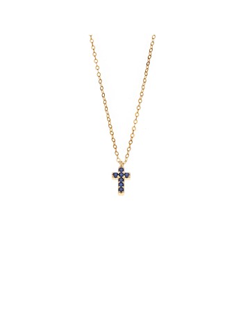 Κολιέ Senza επιχρυσωμένο ασήμι 925, σταυρουδάκι διπλής όψης με μπλε ζιργκόν - SSR3087-1GBL